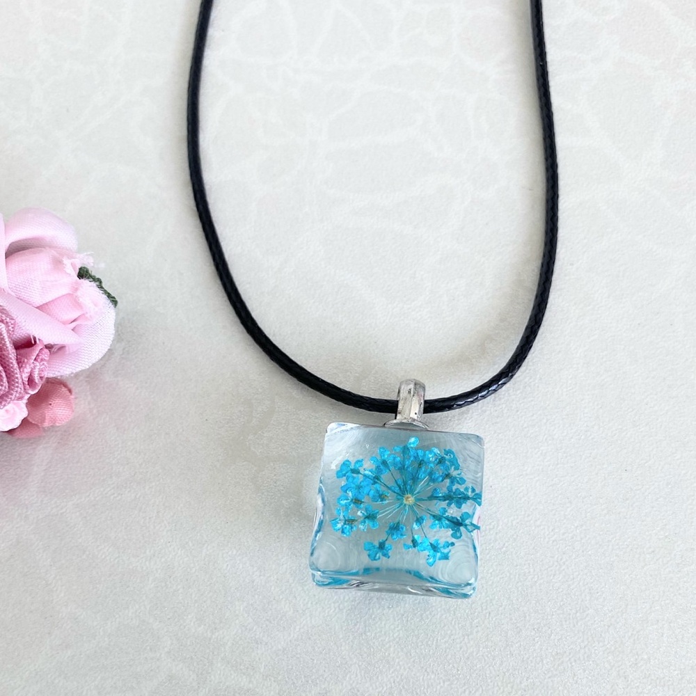 Blue Floral Glass Square Pendant Necklace - Women's Jewelry